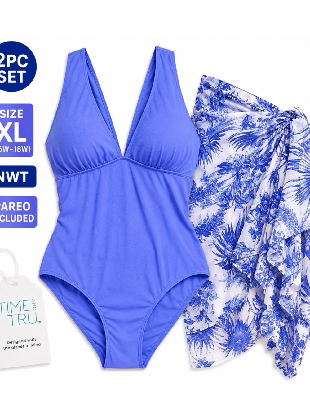 Time & Tru XL One Piece Swimsuit Pareo Set Peri Pop Blue NWT